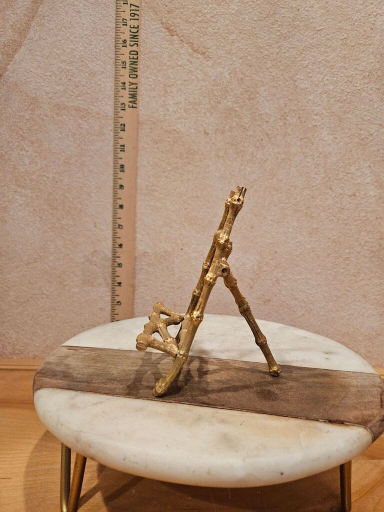 Vintage Fixed As Is bent leg Gold Ormolu Hollywood Regency Metal Bamboo Ornate Easel Display Stand