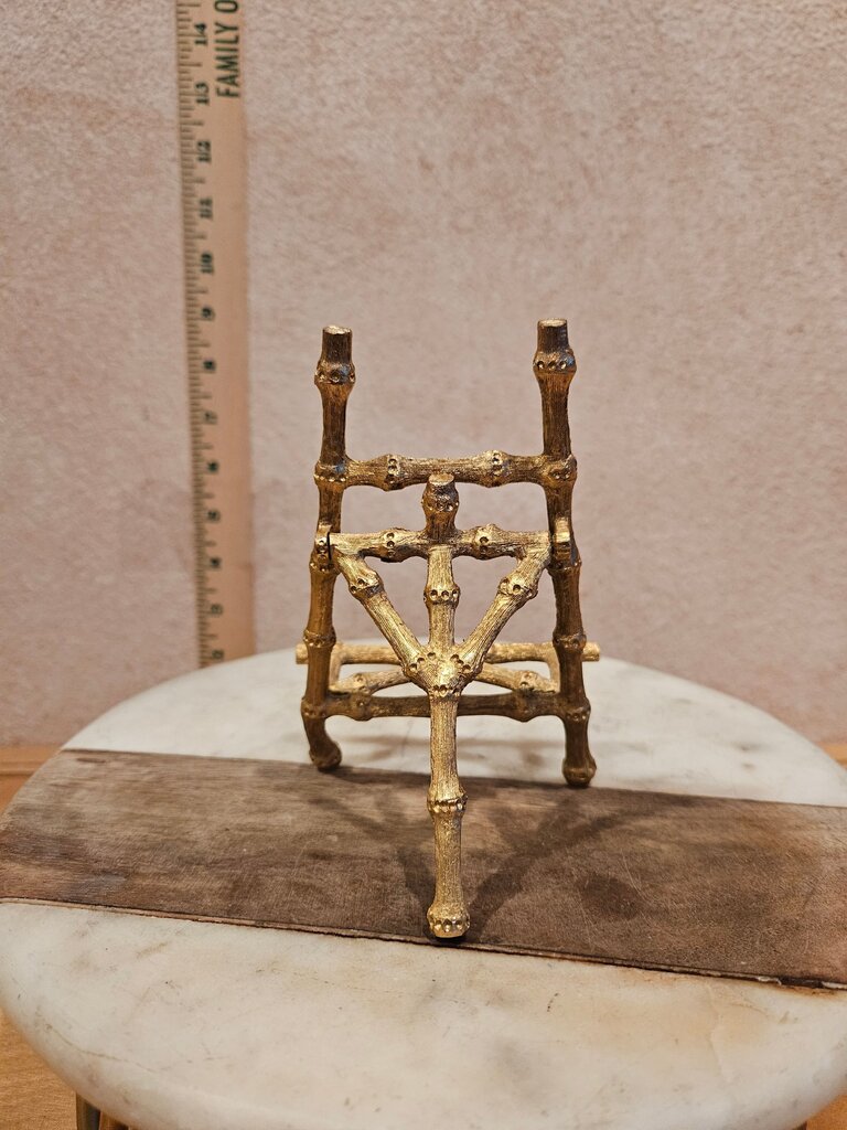 Vintage Fixed As Is bent leg Gold Ormolu Hollywood Regency Metal Bamboo Ornate Easel Display Stand