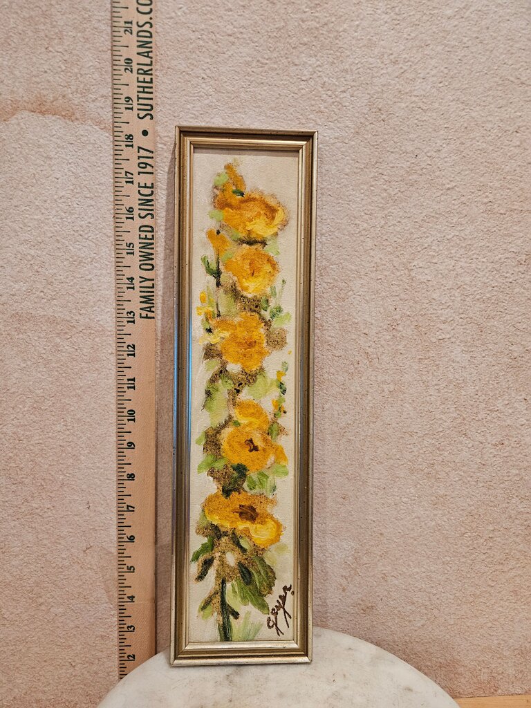 Framed Floral Signed Geyer hand painted Yellow / orange flowers Long, thin FramedArtwork