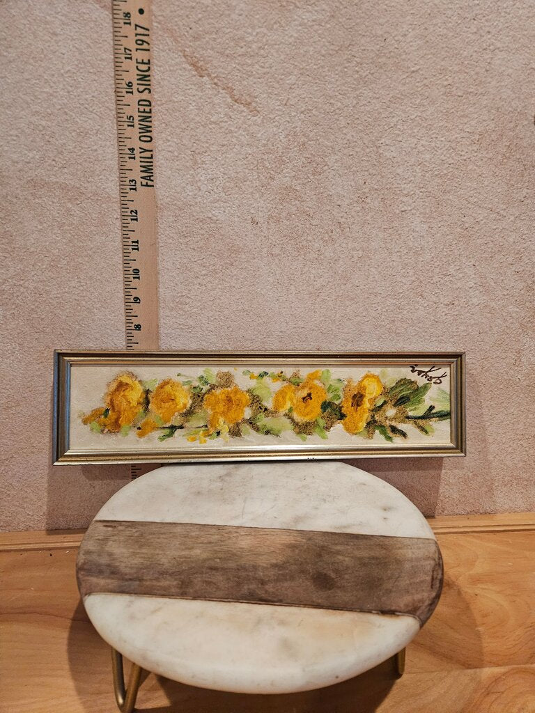 Framed Floral Signed Geyer hand painted Yellow / orange flowers Long, thin FramedArtwork