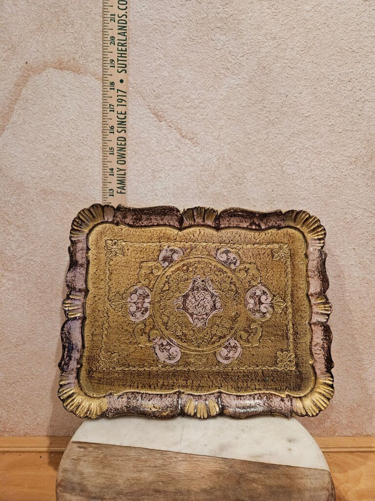 Vintage Gold Gilded Handpainted Italian Florentine Boudoir Vanity Tray w wall hanger Hollywood Regency