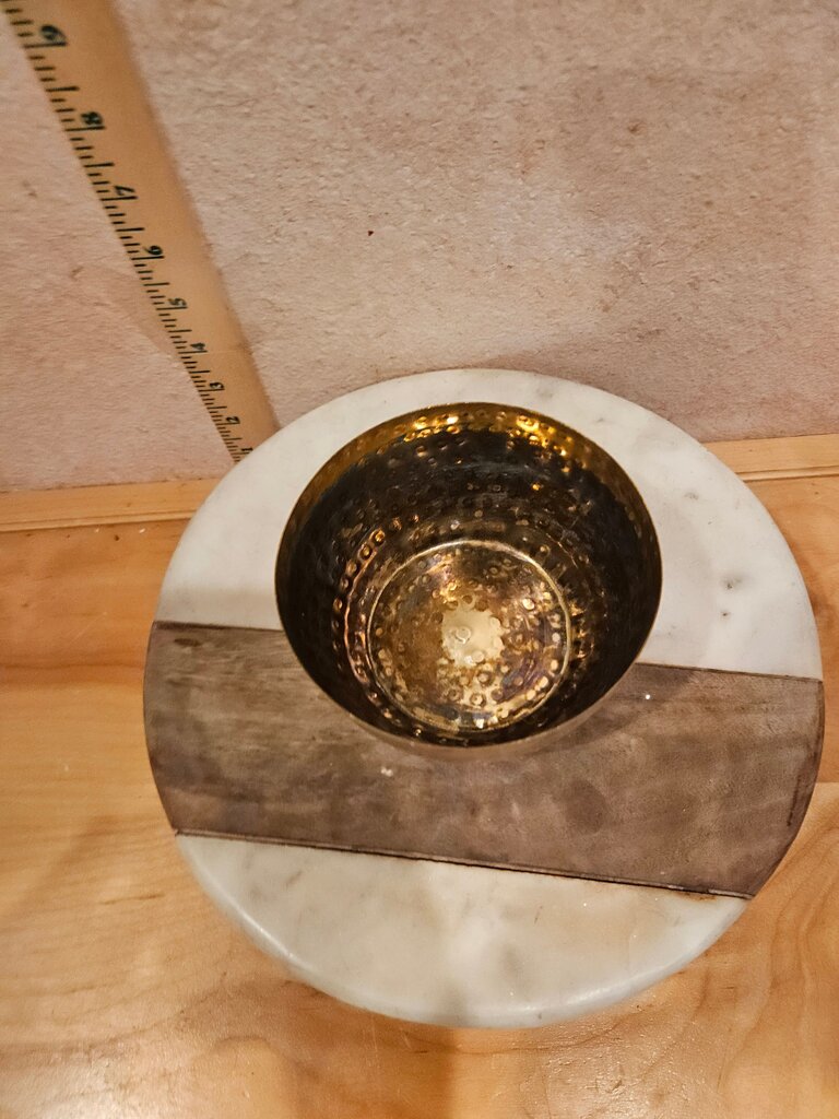 Empty Woodsy Homelife candle holder patinaed hammered copper metal repurpred as plant holder / trinket dish