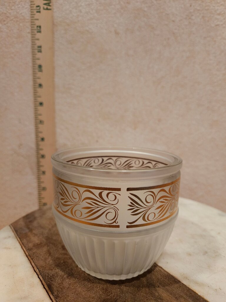 Vintage Frosted Glass Vanity Dresser / Powder Jar / trinket dish bowl w Gold Scrollwork MCM Hollywood Regency Leaf Design
