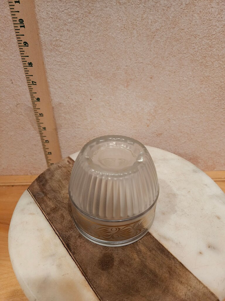 Vintage Frosted Glass Vanity Dresser / Powder Jar / trinket dish bowl w Gold Scrollwork MCM Hollywood Regency Leaf Design