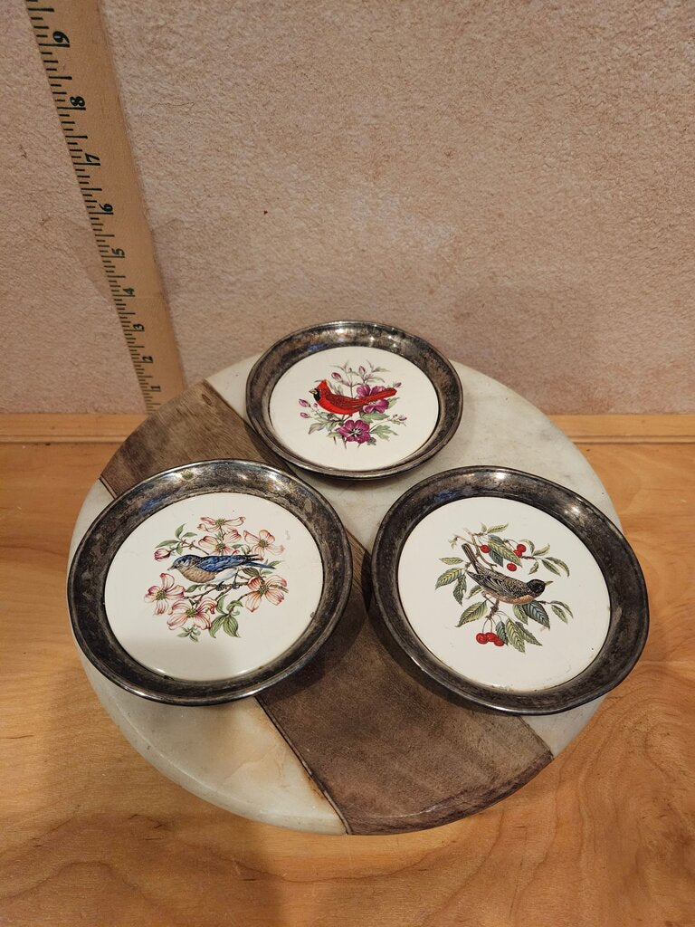 Set Of 3 Vintage Sheridan Silver & Porcelain Coasters w Bird Pattern candle riser, trinket dish cloche base bareware grandmacore cottage granny corecuties