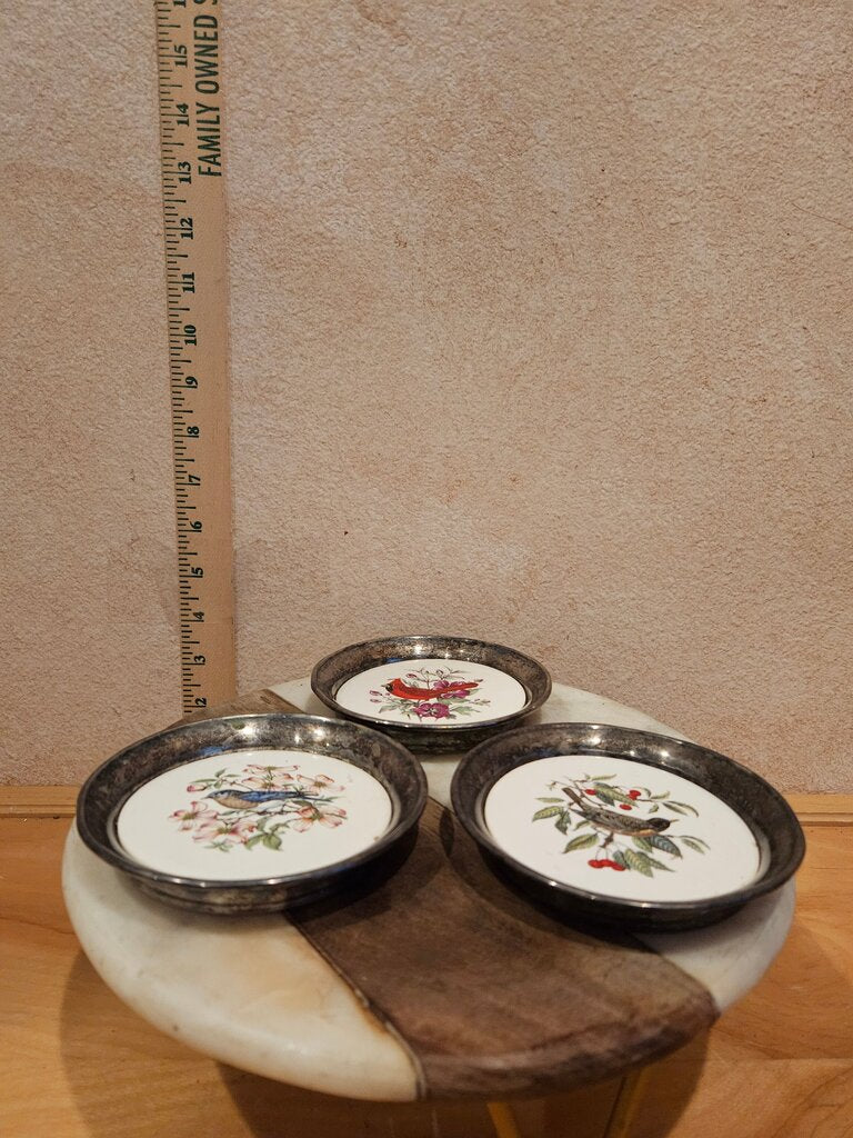 Set Of 3 Vintage Sheridan Silver & Porcelain Coasters w Bird Pattern candle riser, trinket dish cloche base bareware grandmacore cottage granny corecuties