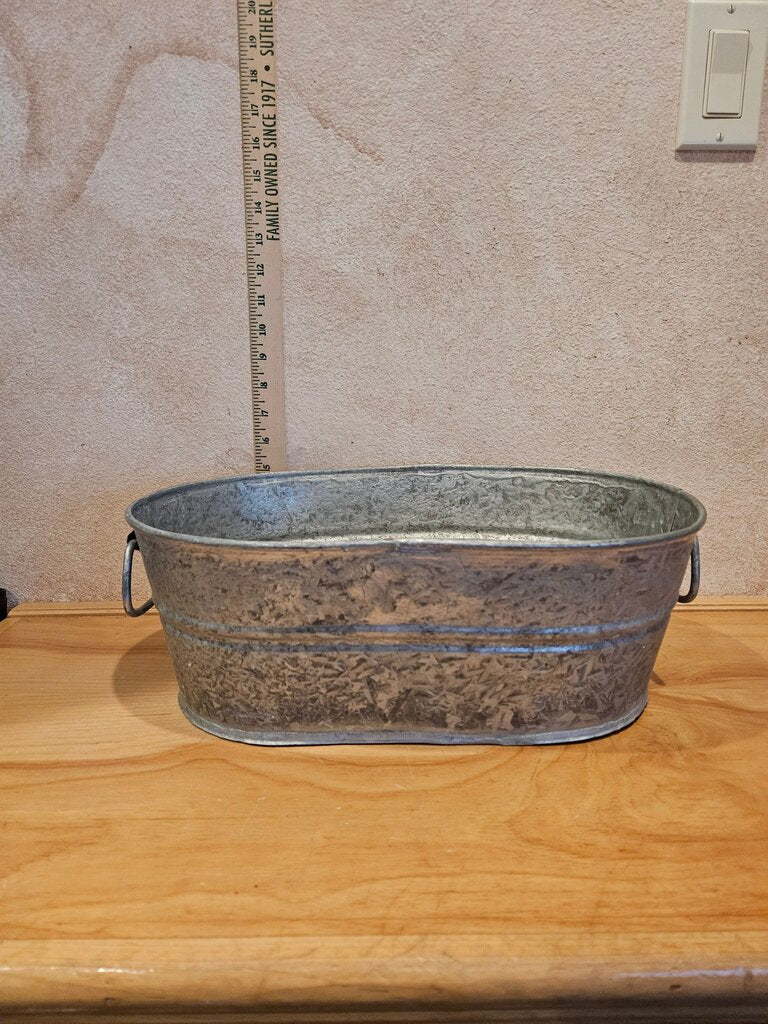 Galvanized As Is aged dent etc Metal Oval wash Tub Oval Container/Pot / small wash bin basin w Handles, Ribbed Styling & Patina Finish plant Display