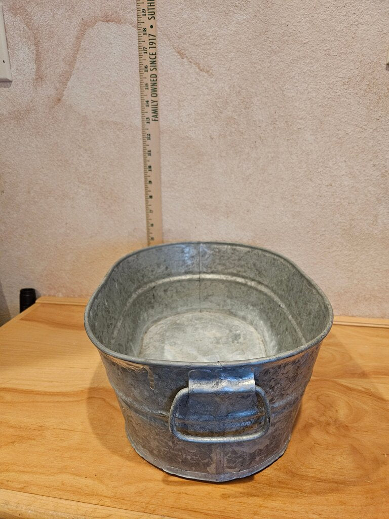 Galvanized As Is aged dent etc Metal Oval wash Tub Oval Container/Pot / small wash bin basin w Handles, Ribbed Styling & Patina Finish plant Display