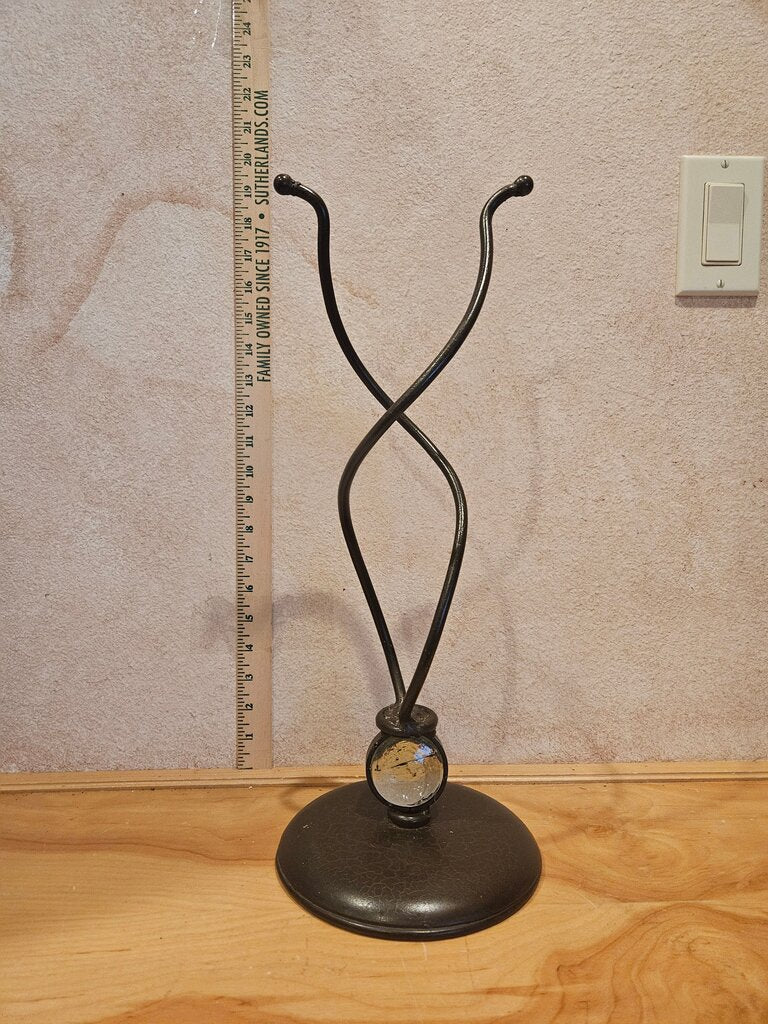 Unique Decorative Iron /vase holder / toilet paper stand / hair scrunchies display etc w hand blown bottle / slag Glass insert w Base