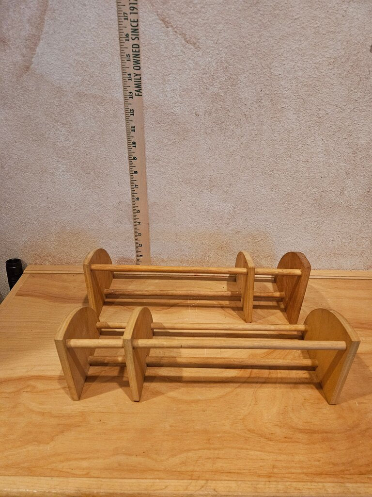 Vintage Set of wood bookrest/bookshelf/book trough dvd or cd holder Wooden Display Stands w built in bookend media stop