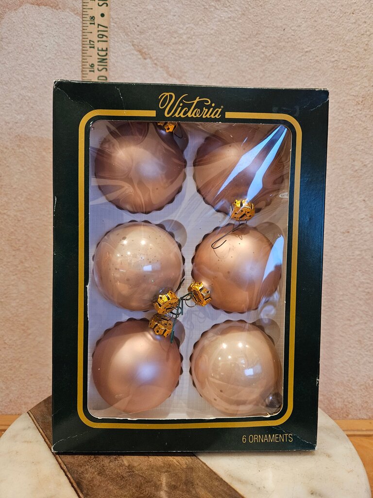 Boxed set of six Victoria glass Christmas ornaments dusty pink
