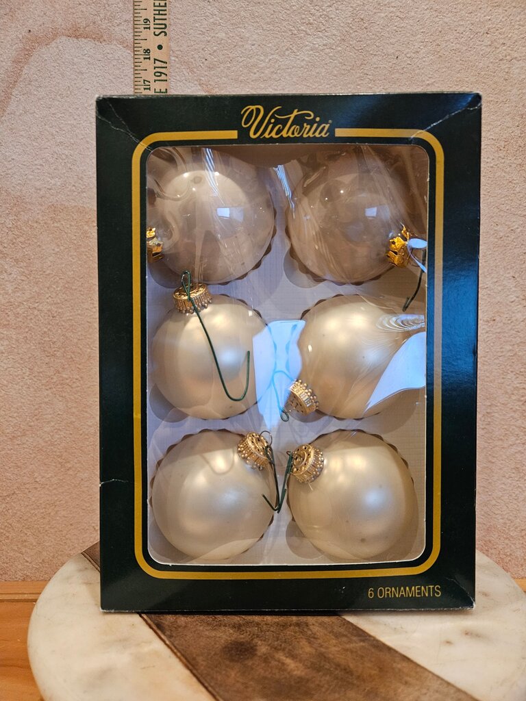 Boxed set of six Victoria glass Christmas ornaments light dusty pink