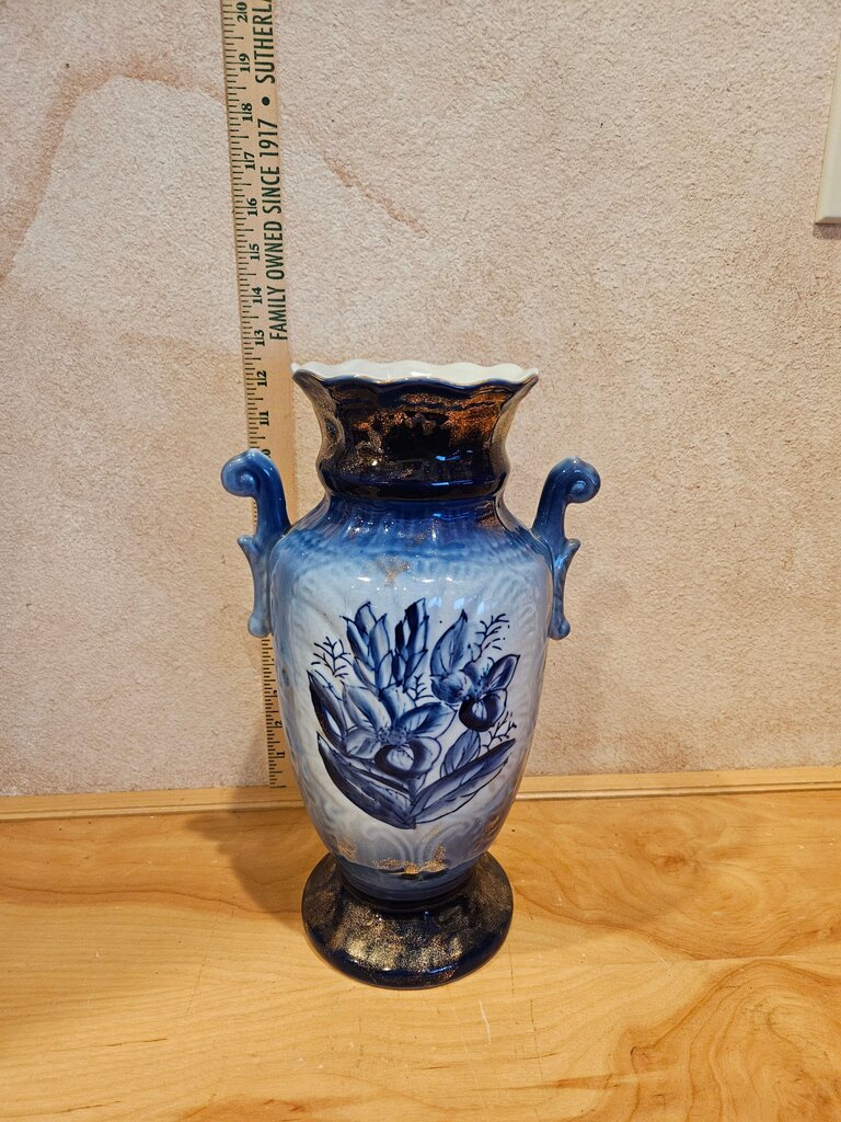 Vintage 19th century Victoria Ware Ironstone Flow Blue Pottery Vase Cobalt Gilded Gold Blue Floral Vase w Handles