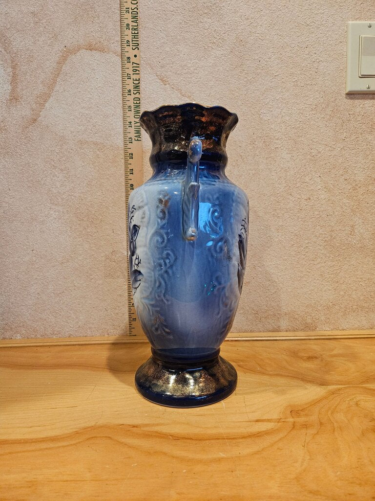 Vintage 19th century Victoria Ware Ironstone Flow Blue Pottery Vase Cobalt Gilded Gold Blue Floral Vase w Handles