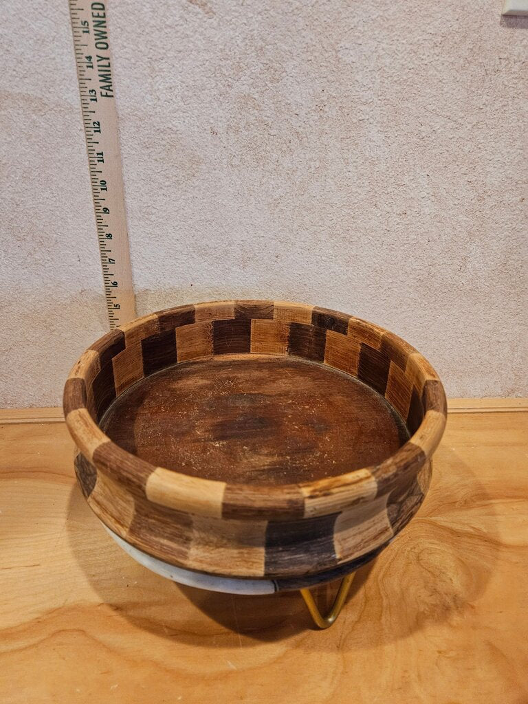 Vintage MCM Esque Wooden Inlay Wood Tooled Checkerboard Nut Cracker chip display servingBowl