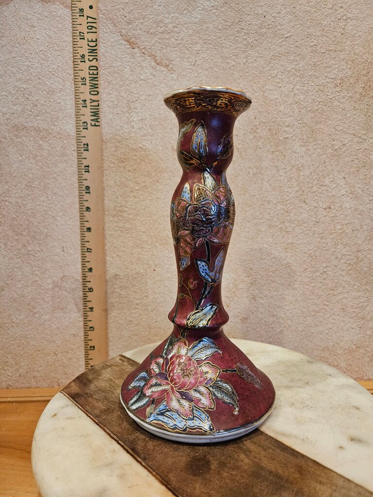 Vintage Asian Famille Maroon Rose Candlestick Floral Design Holder