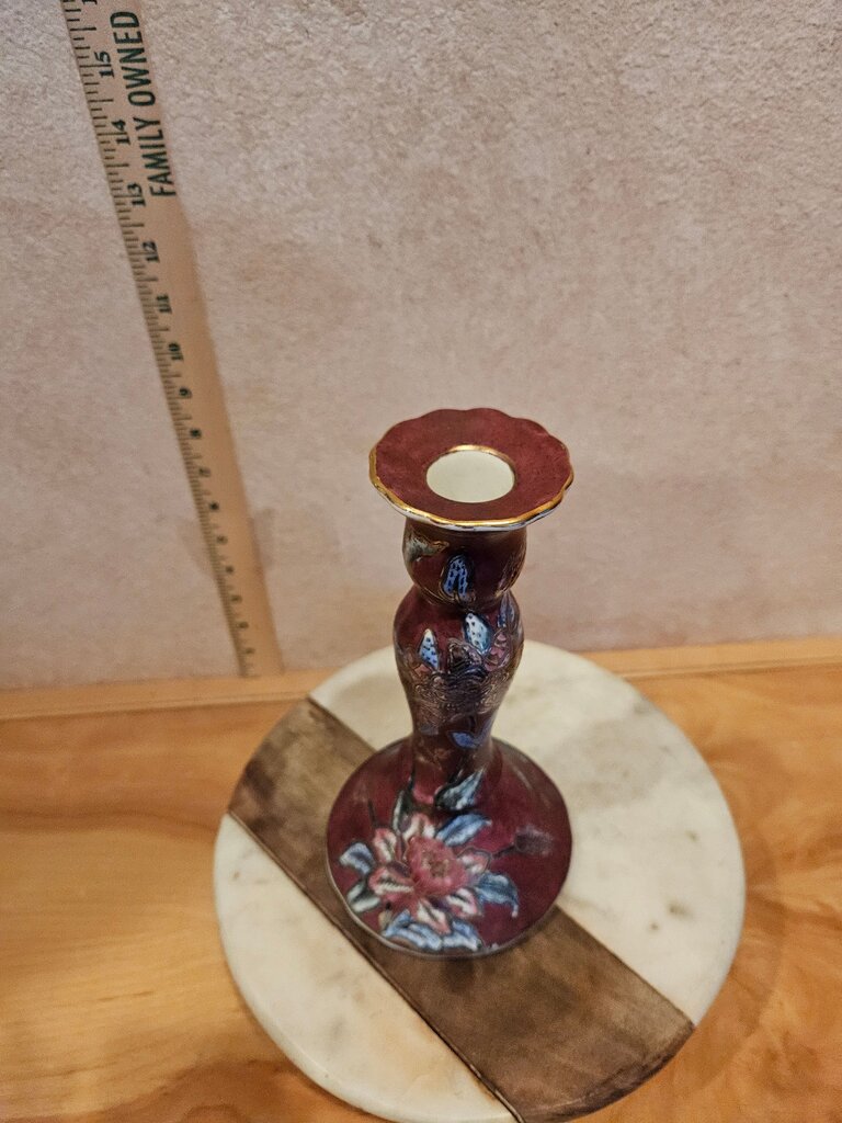 Vintage Asian Famille Maroon Rose Candlestick Floral Design Holder