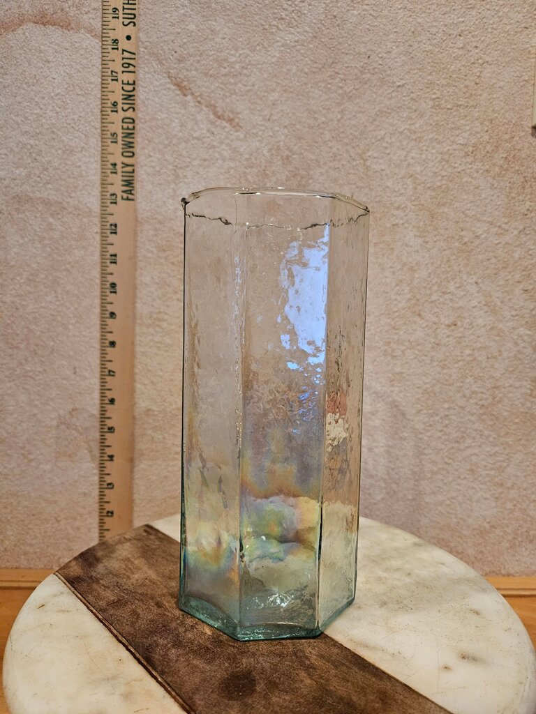Vintage Iridescent Art Deco Revival Clear Glass Tall Vase, Hexagonal Design candle holder, Shell / rock Display