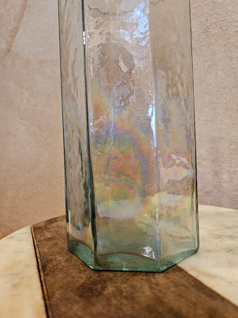 Vintage Iridescent Art Deco Revival Clear Glass Tall Vase, Hexagonal Design candle holder, Shell / rock Display