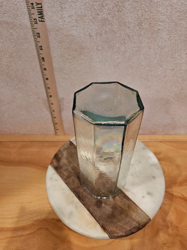 Vintage Iridescent Art Deco Revival Clear Glass Tall Vase, Hexagonal Design candle holder, Shell / rock Display