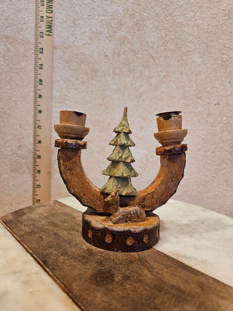 Unique Vintage Wooden German Handmade Signed Black forest 2 arm Candelabra Folk Art Wooden Candle Holder w Carved Fox & Tree Unique Christmas Farmhouse Decor