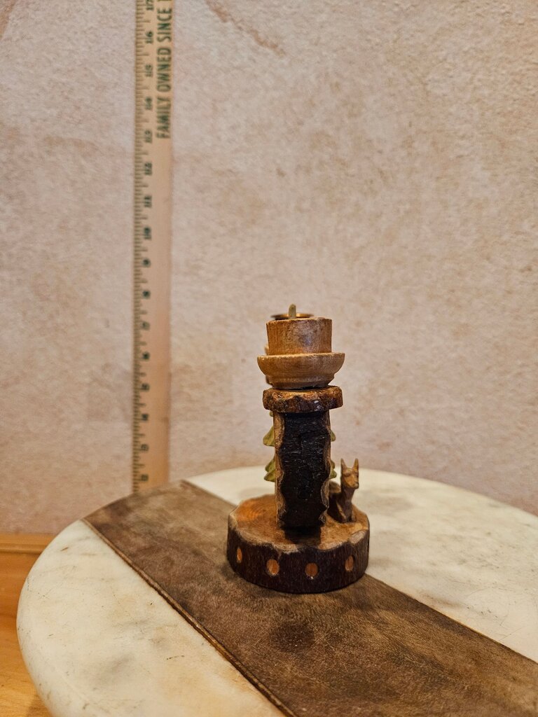 Unique Vintage Wooden German Handmade Signed Black forest 2 arm Candelabra Folk Art Wooden Candle Holder w Carved Fox & Tree Unique Christmas Farmhouse Decor