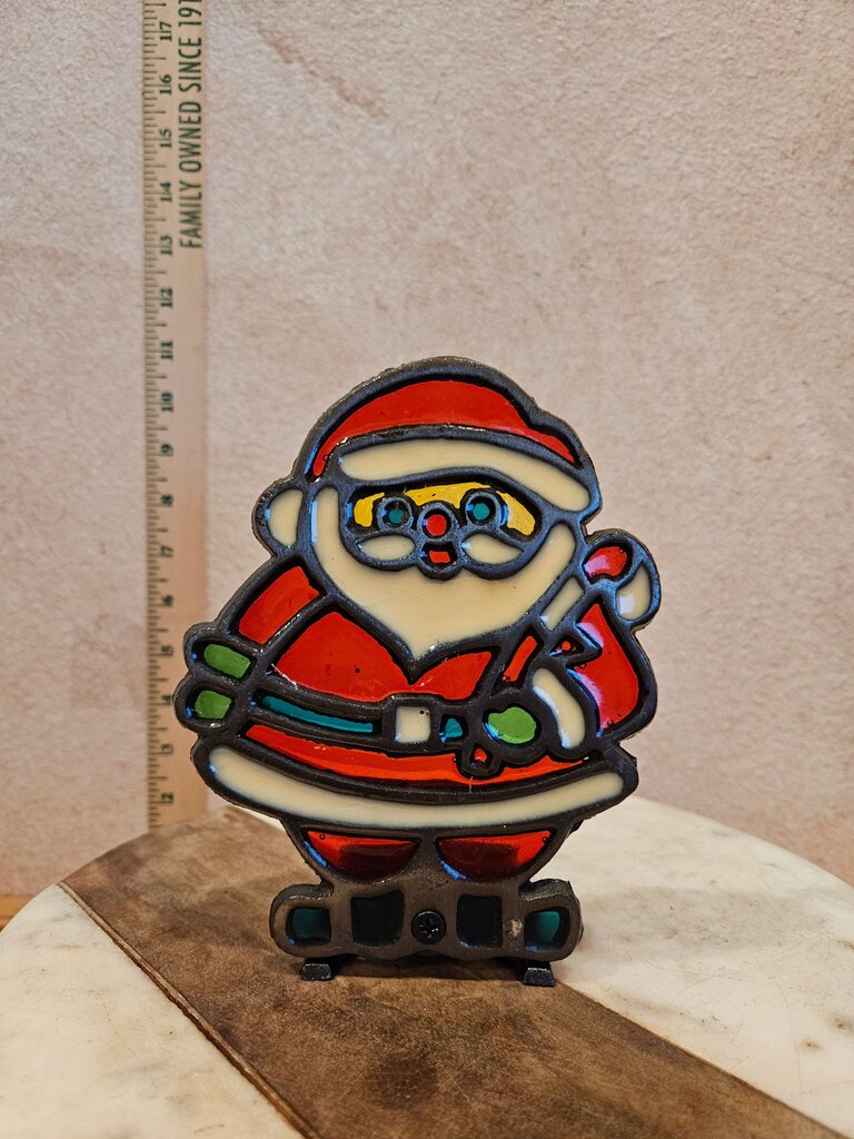 Vintage Christmas Stained Glass Esque Tea Light Candle Holder Cast Iron Santa Figurine