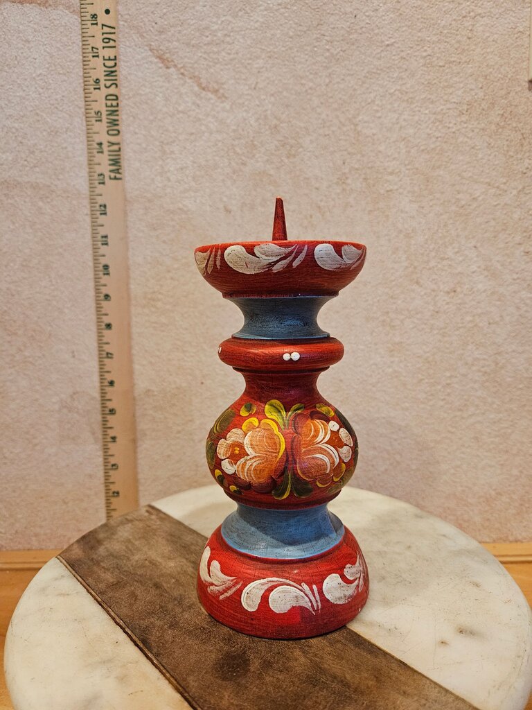 Decorative Hand-Painted Vintage Folk Art Tole Painted Turned Wood Candle Holder Pillar Roses Flowers Wooden Candlestick
