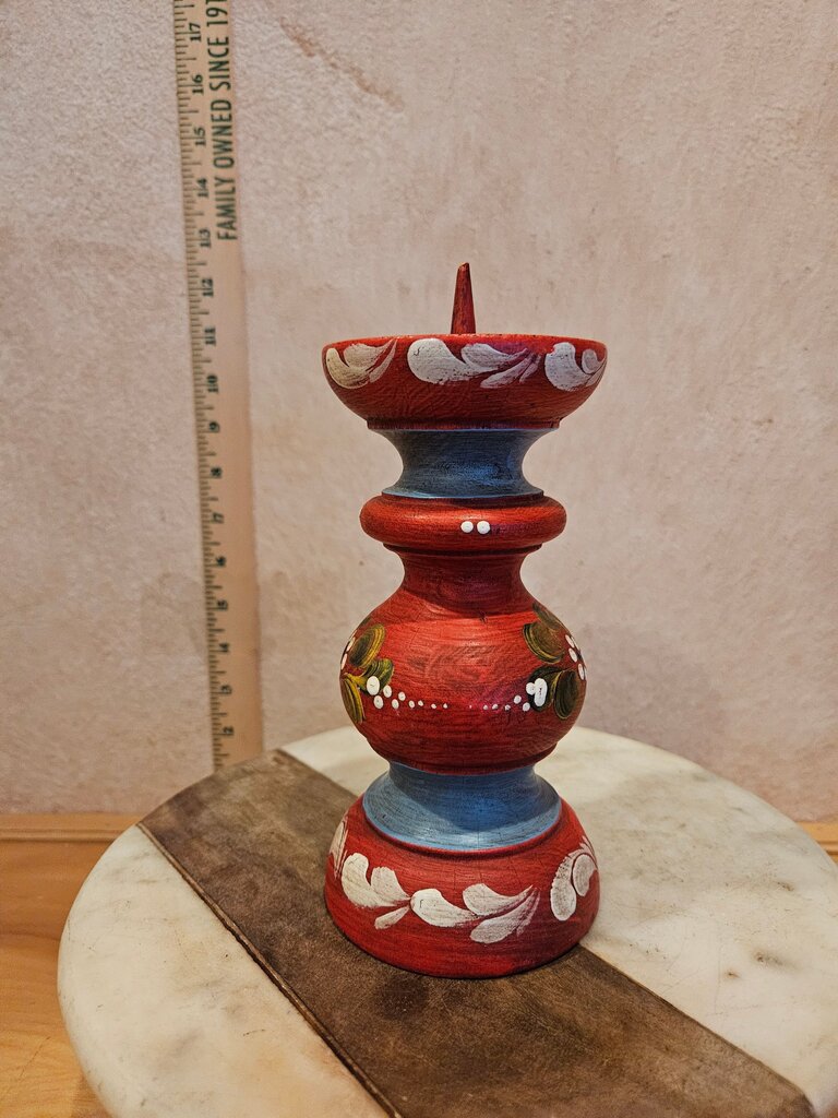 Decorative Hand-Painted Vintage Folk Art Tole Painted Turned Wood Candle Holder Pillar Roses Flowers Wooden Candlestick