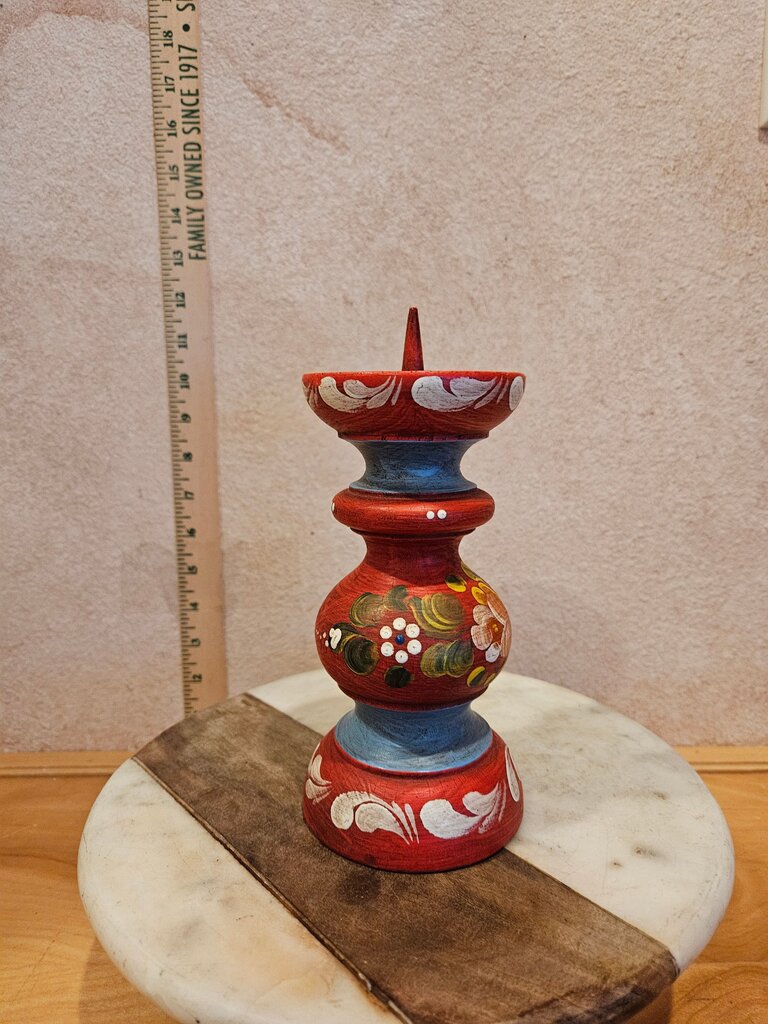 Decorative Hand-Painted Vintage Folk Art Tole Painted Turned Wood Candle Holder Pillar Roses Flowers Wooden Candlestick