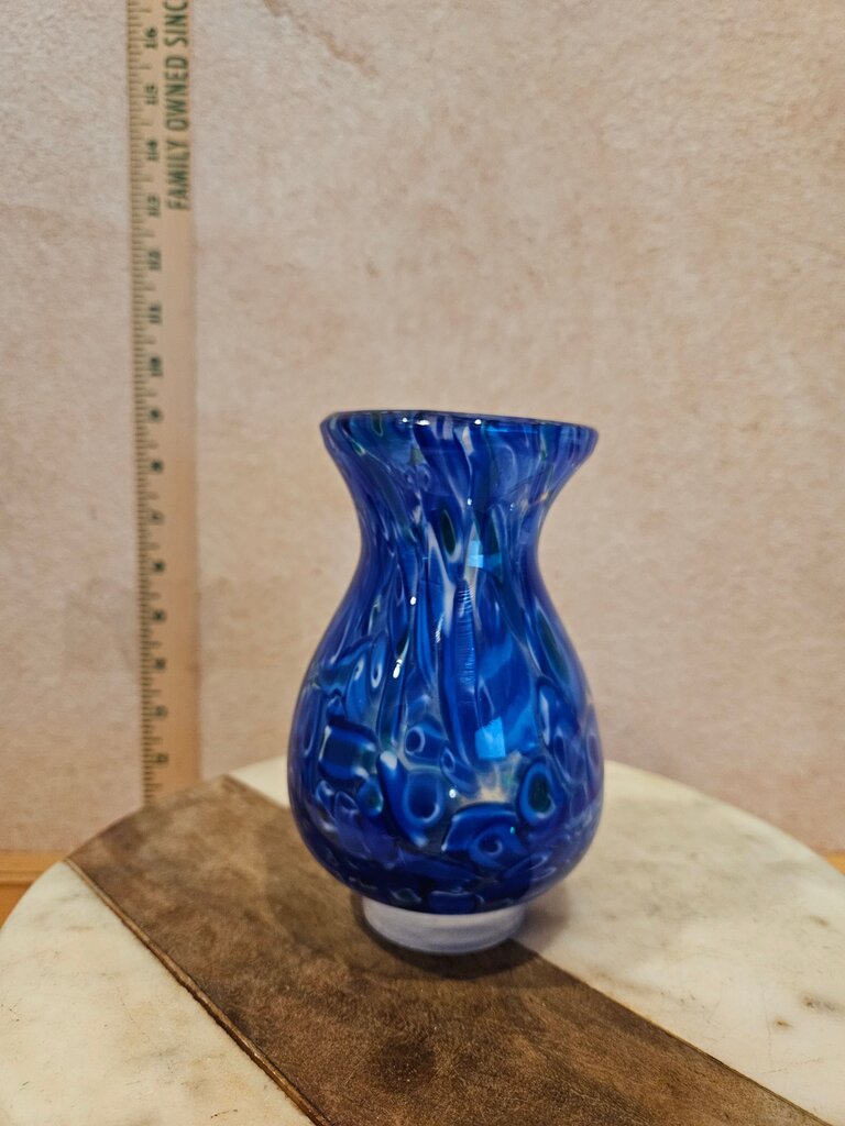 Hand Blown Art Glass Vase Applied Blue Glass Accents Art Glass Footed Vase Hand Blown Blue Swirl Confetti Glass Vase