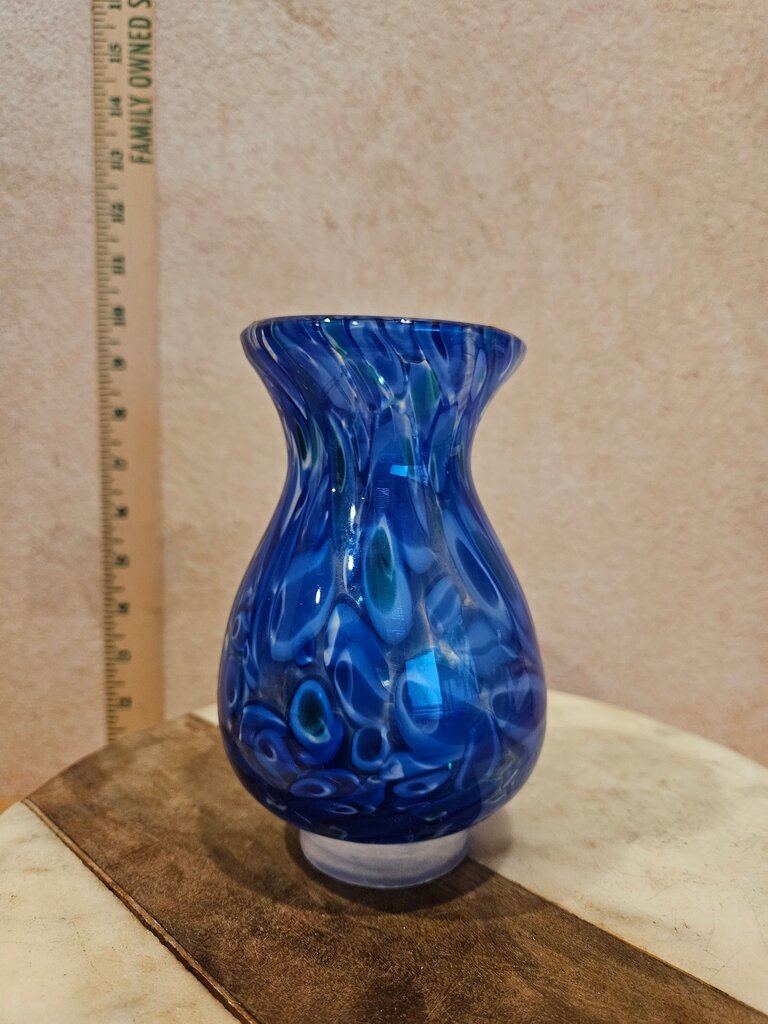 Hand Blown Art Glass Vase Applied Blue Glass Accents Art Glass Footed Vase Hand Blown Blue Swirl Confetti Glass Vase