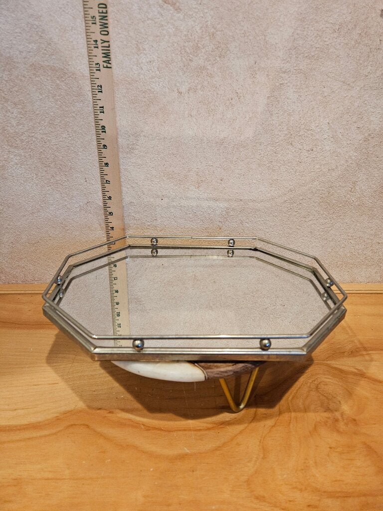 Vintage Brass Octagonal Mirror Tray w Ornate Trim Band & Railing, Hollywood Regency Vanity Tray, jewelry / trinket display