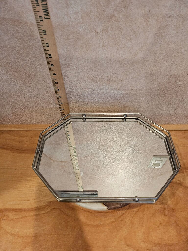 Vintage Brass Octagonal Mirror Tray w Ornate Trim Band & Railing, Hollywood Regency Vanity Tray, jewelry / trinket display