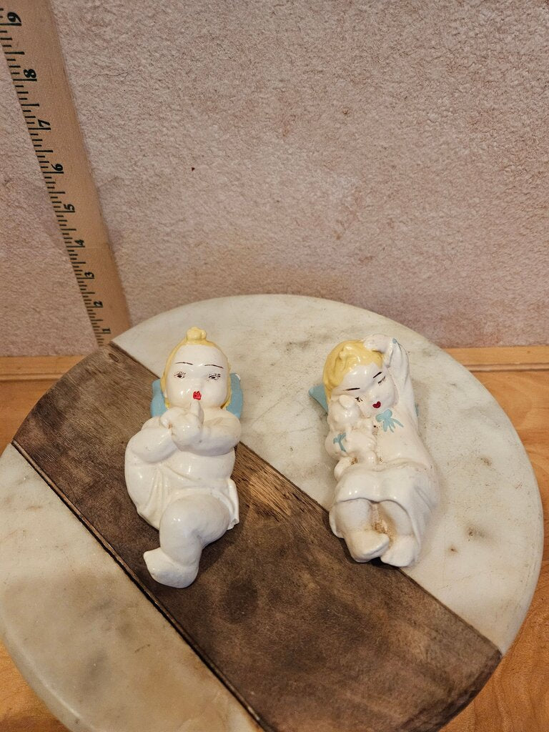 Vintage MCM Set Of 2 Chalkware Babies Piano Wall Hangings Figure Boy Girl