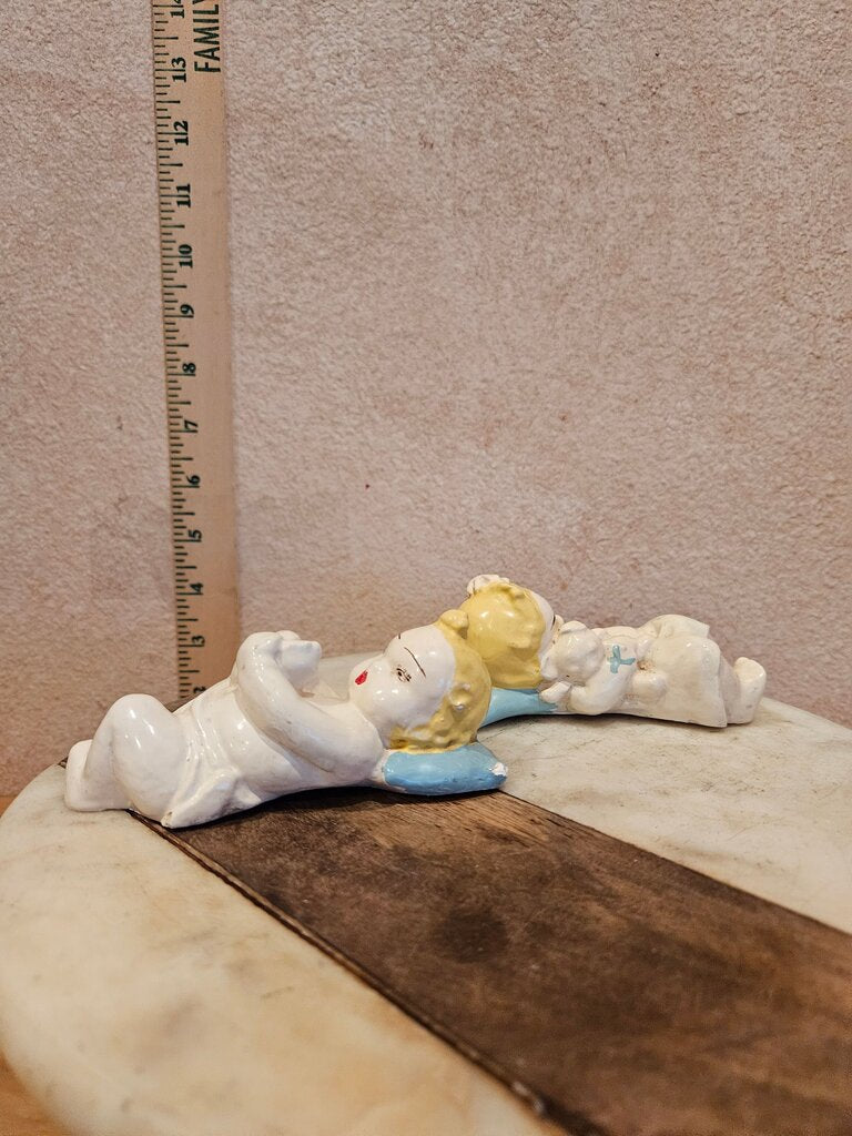 Vintage MCM Set Of 2 Chalkware Babies Piano Wall Hangings Figure Boy Girl