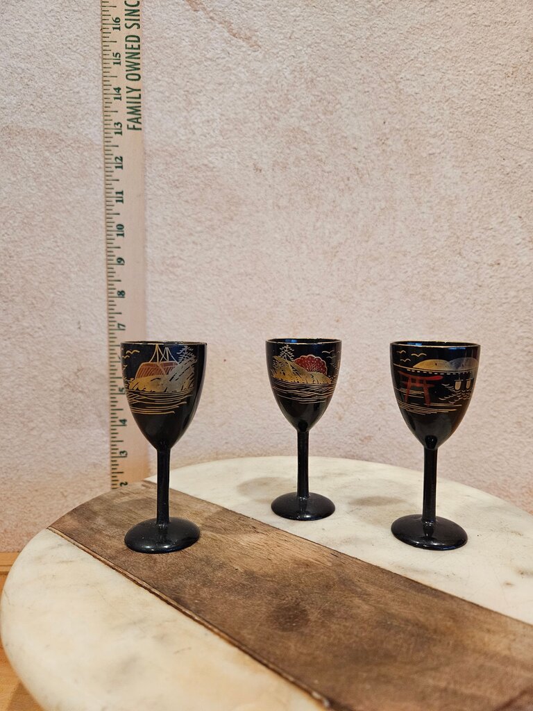 Set of Three Black Decorative Sake Glasses w Painted Scenes Japanese Lacquer hand painted wine Glasses