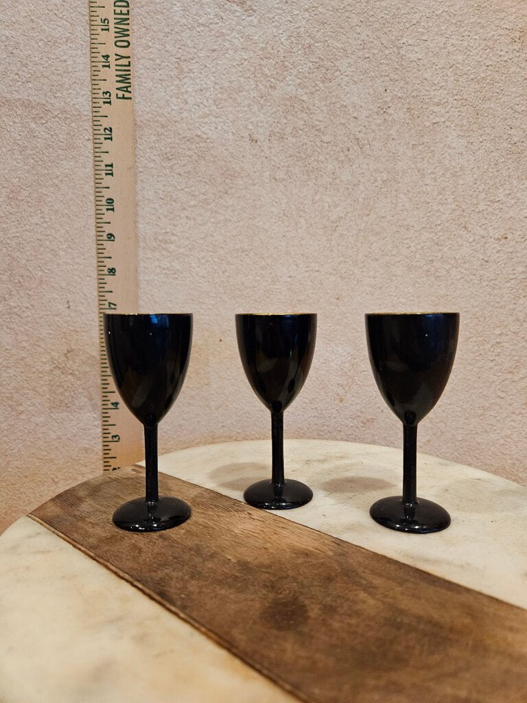Set of Three Black Decorative Sake Glasses w Painted Scenes Japanese Lacquer hand painted wine Glasses