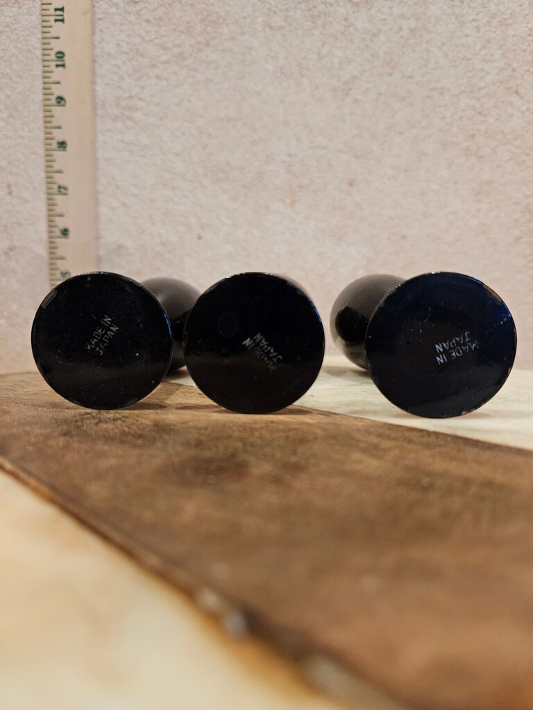 Set of Three Black Decorative Sake Glasses w Painted Scenes Japanese Lacquer hand painted wine Glasses