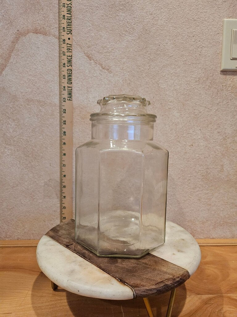 Vintage Anchor Hocking kitchen pantry organizer Octagon Glass Jar w Lid Taxidermy Science Holiday vignette display