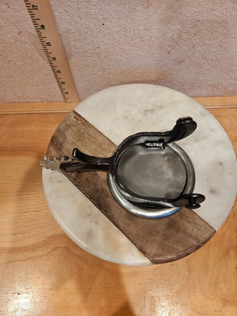 Vintage Western Spurs w Jingle Bobs Candle Holder Western Folk Art Leopard Wayne Dollar Esque turned into art / Ashtray/ display