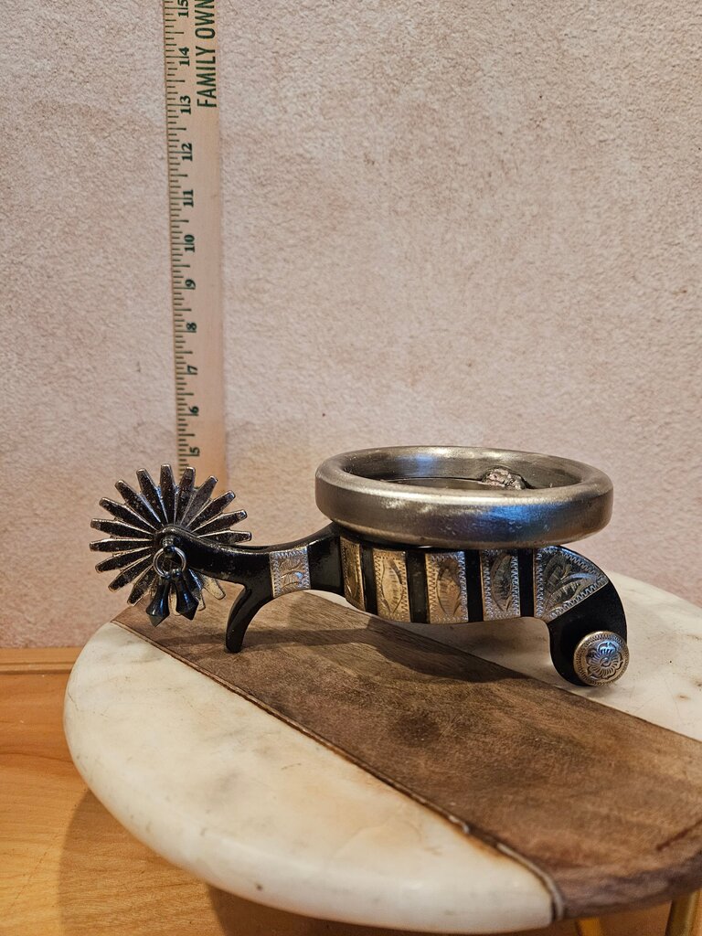 Vintage Western Spurs w Jingle Bobs Candle Holder Western Folk Art Leopard Wayne Dollar Esque turned into art / Ashtray/ display