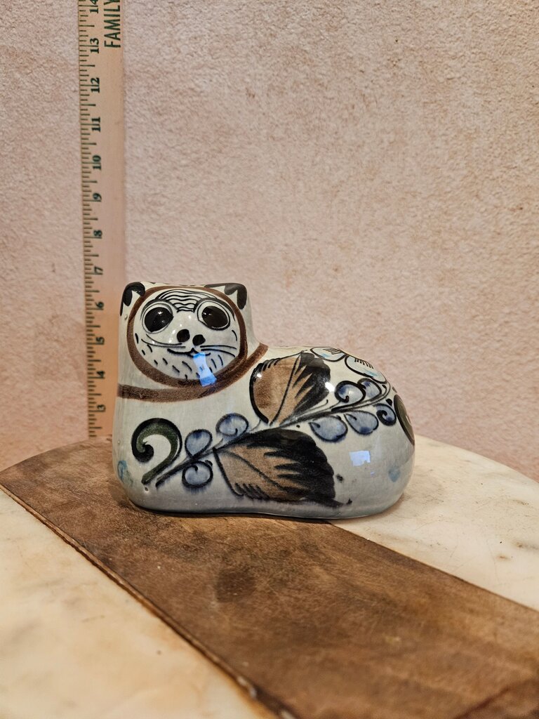Handcrafted Tonala Mexico Pottery Hand Painted Glazed Cat Folk Art Figurine SignedDecorative Ceramic Cat Figurine