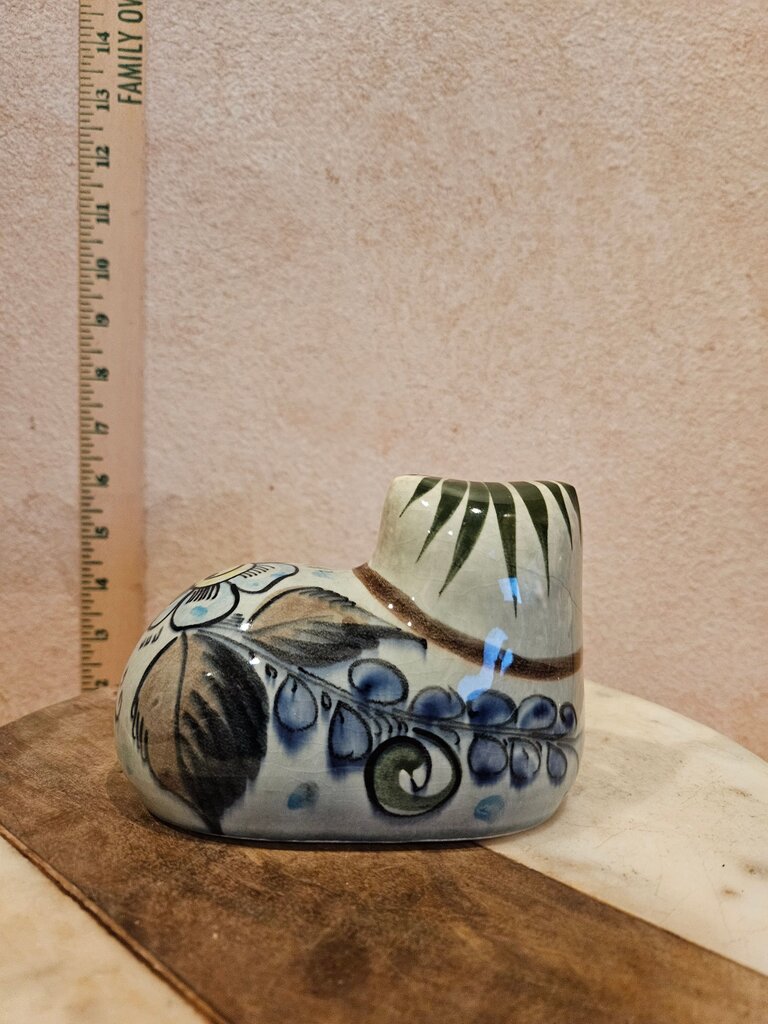 Handcrafted Tonala Mexico Pottery Hand Painted Glazed Cat Folk Art Figurine SignedDecorative Ceramic Cat Figurine
