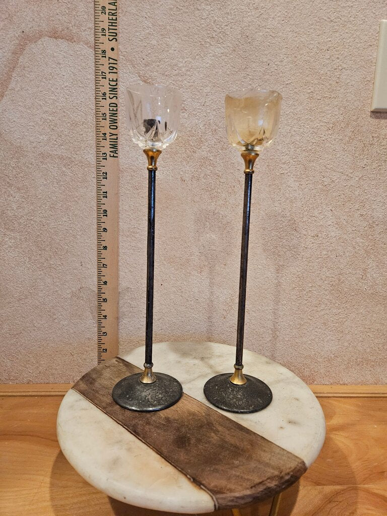 Vintage Pair of Crystal Candle Holders Mid Century Modern Silver Brass Candlesticks Vintage Landes Italy Silverplated Argente Art Deco Esque Elegant tableware