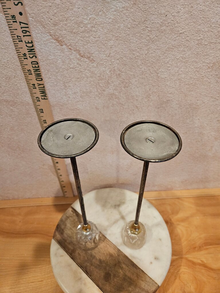 Vintage Pair of Crystal Candle Holders Mid Century Modern Silver Brass Candlesticks Vintage Landes Italy Silverplated Argente Art Deco Esque Elegant tableware