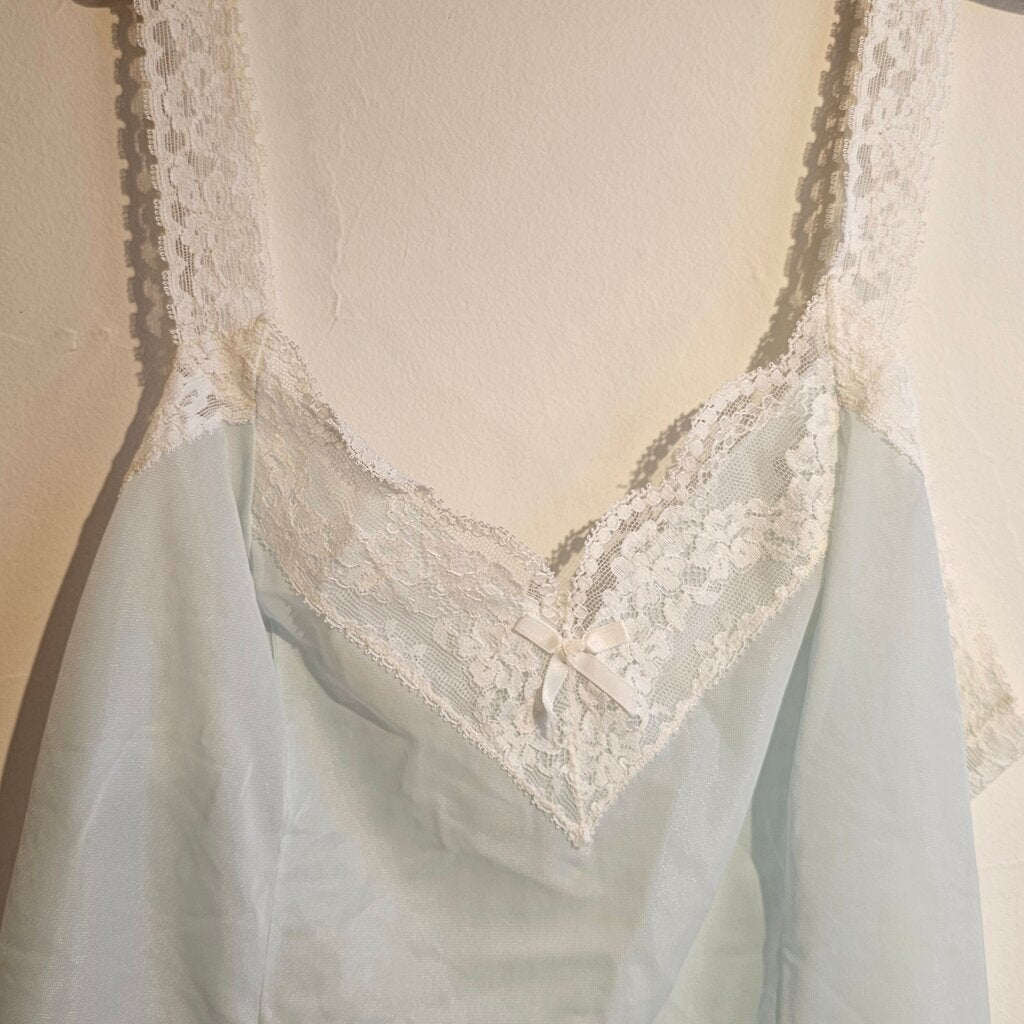 Vintage Medium 34 Sexy Romantic bow OLGA Light Teal Wide Lace Trim Women's Lingerie Camisole Tank top nightgown pajamas