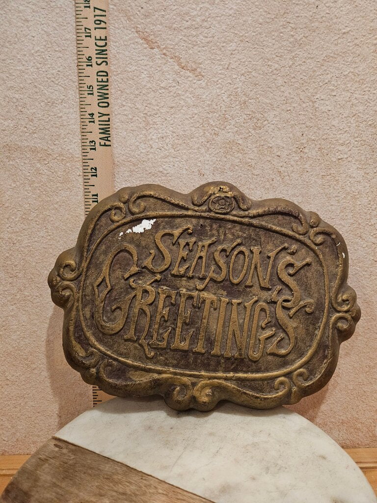 Vtg 95 As is Touched up Seasons Greetings Christmas Holiday Lightweight Foam Sign Gold Color Deco