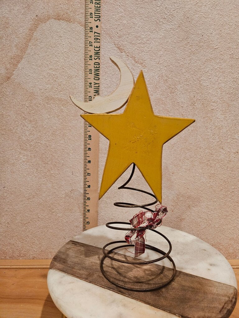 Rustic vintage 5-pointed Yellow Star with Half Moon & spiral Wire Stand Tree topper Table Decor Farmhouse Country Christmas Holiday decor