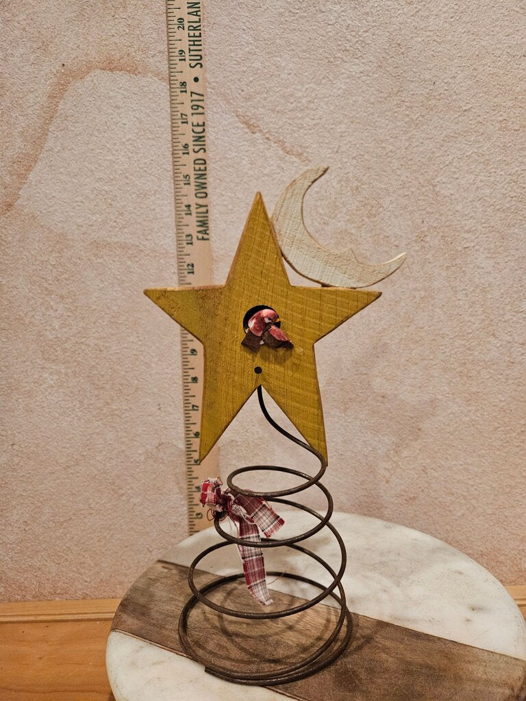 Rustic vintage 5-pointed Yellow Star with Half Moon & spiral Wire Stand Tree topper Table Decor Farmhouse Country Christmas Holiday decor
